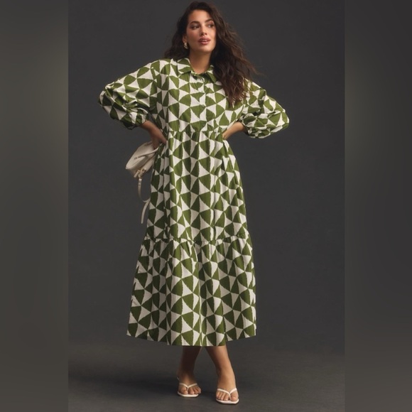 Maeve Long Sleeve Dress in Green and Cream Geometric Pattern - Picture 1 of 7